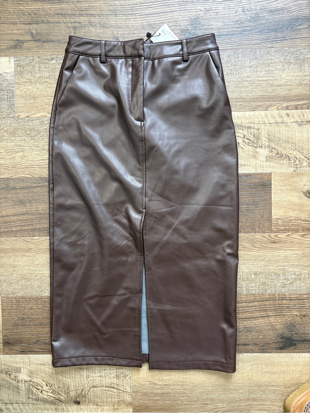 Dynamite Brown Faux Leather Midi Skirt with Front Slit